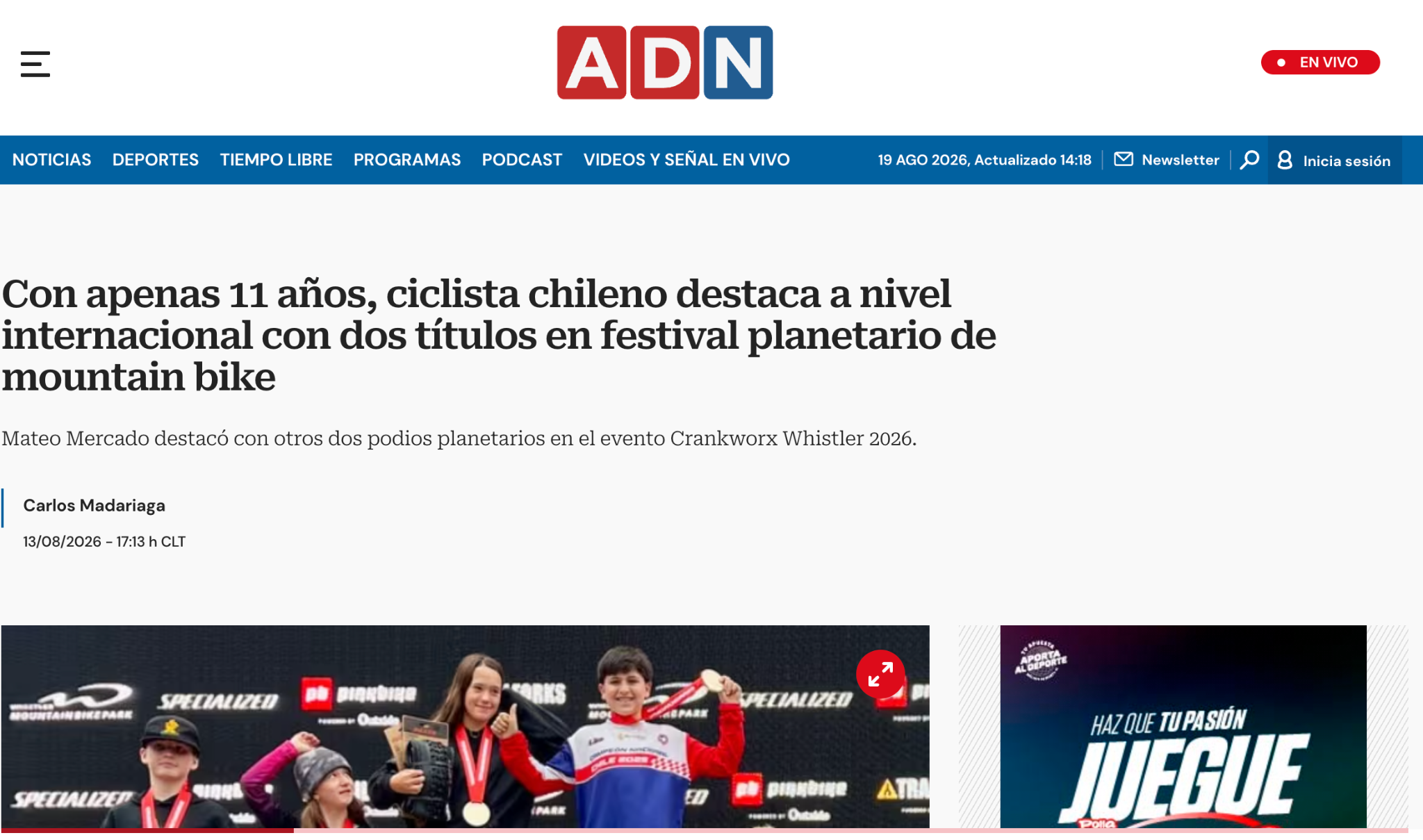 Portada de ADN Radio sobre Mateo Mercado